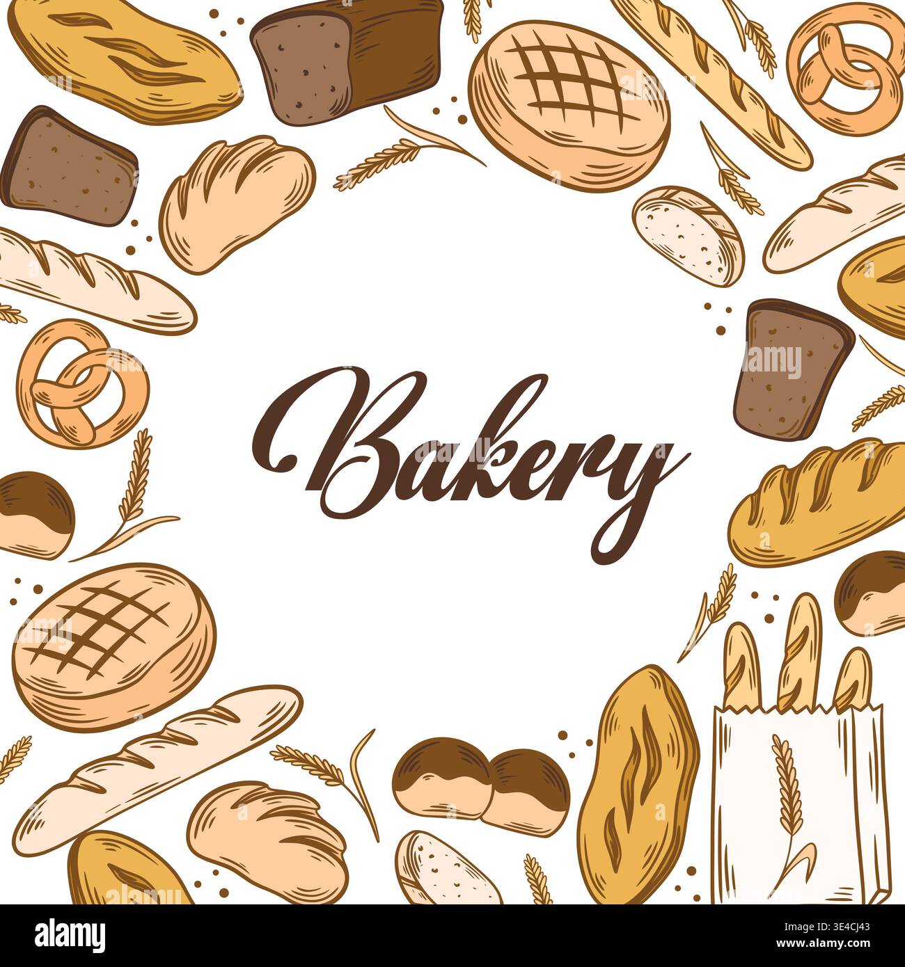 Mockup di prodotti da forno con Text Bakery. Modello quadrato con l'iscrizione in cerchio. Cartello, brochure, copertina per prodotti da forno, grafica vettoriale Illustrazione Vettoriale
