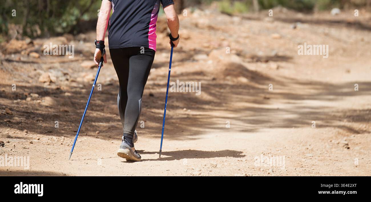 Uomo anziano che cammina nella foresta con bastoncini da nordic walking, soleggiato giorno d'estate. Uno stile di vita attivo in pensione, un'escursione nella natura Foto Stock