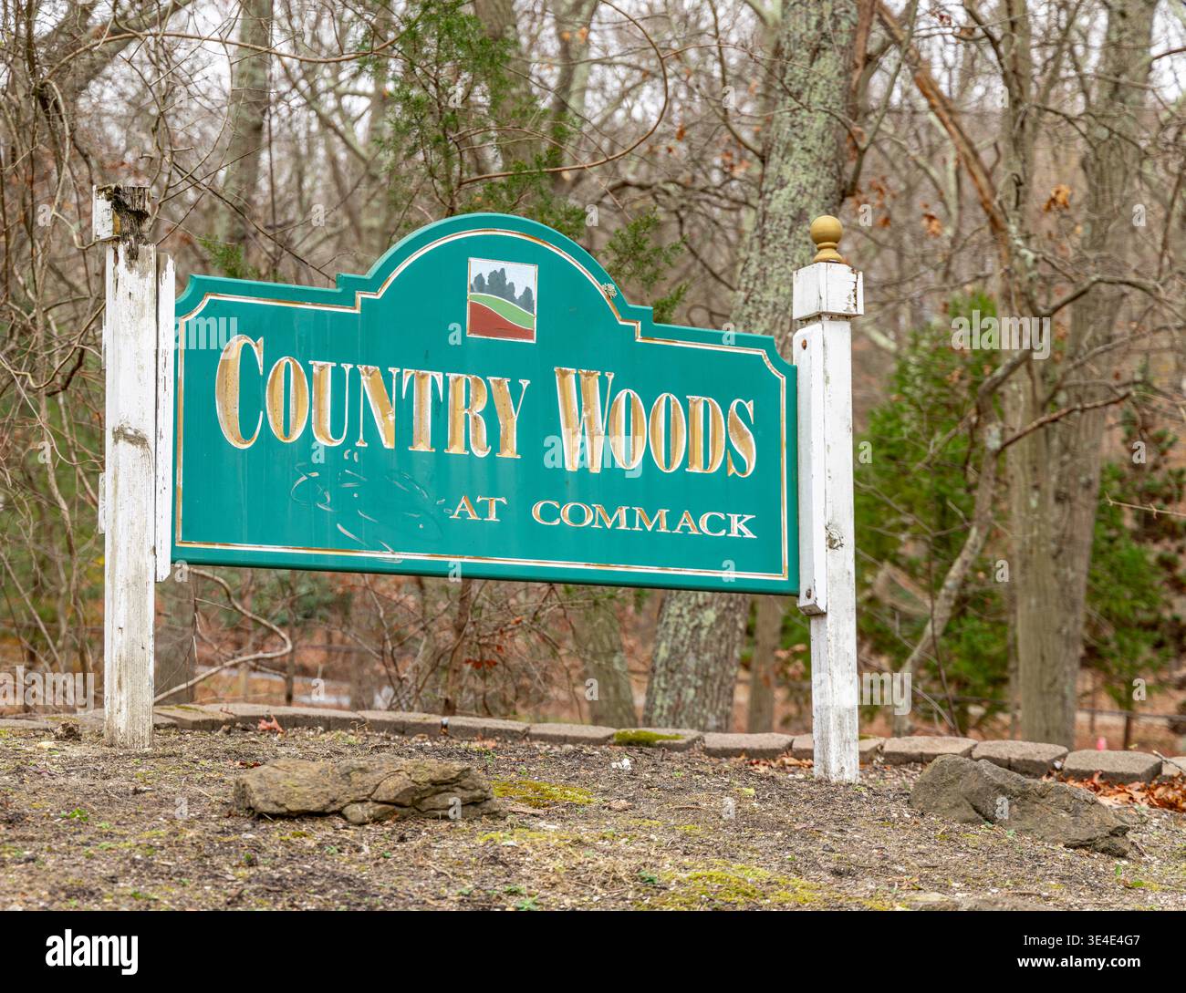 cartello d'ingresso di country woods at commack Foto Stock