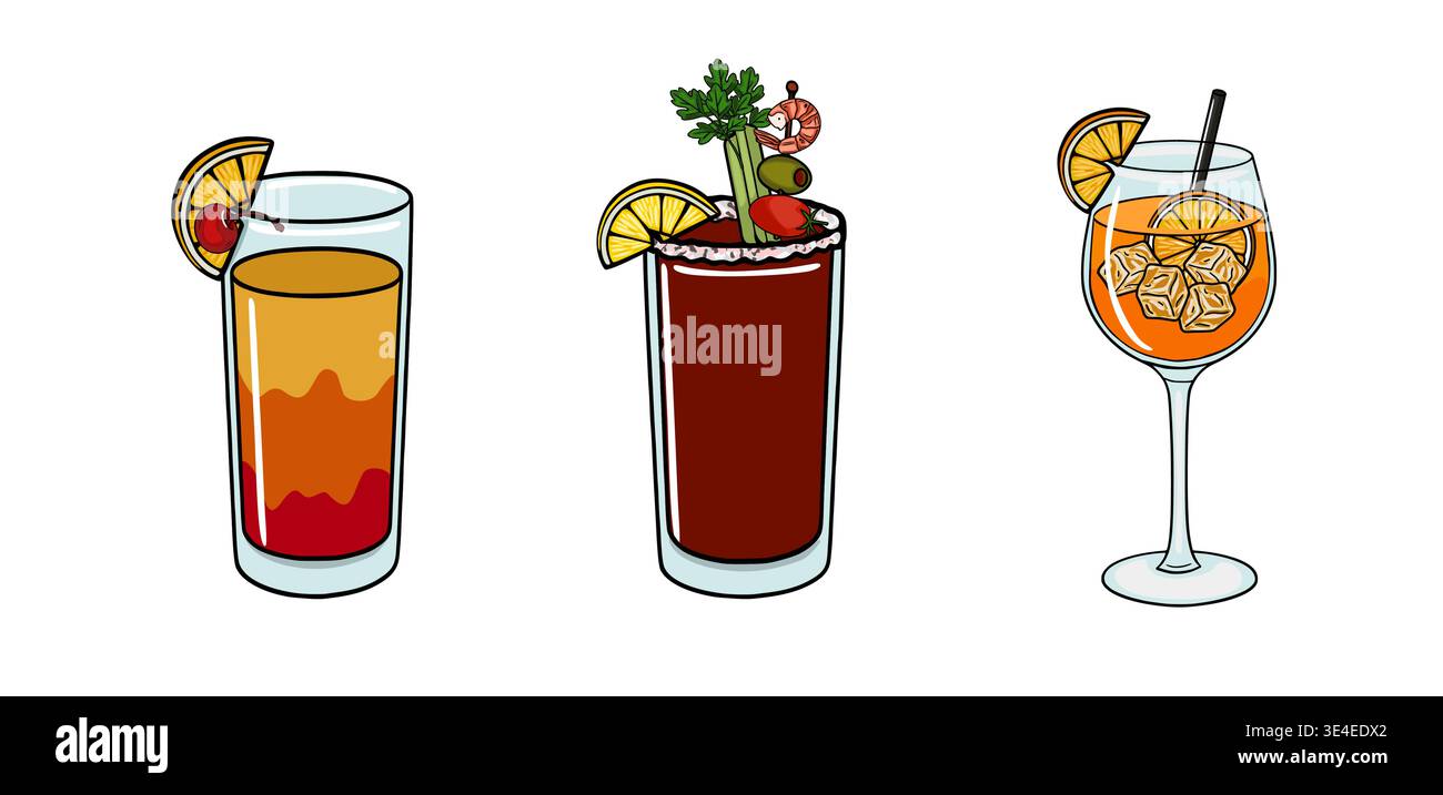 Set Hangover Brunch con tre colorate illustrazioni vettoriali di cocktail con decorazioni Illustrazione Vettoriale