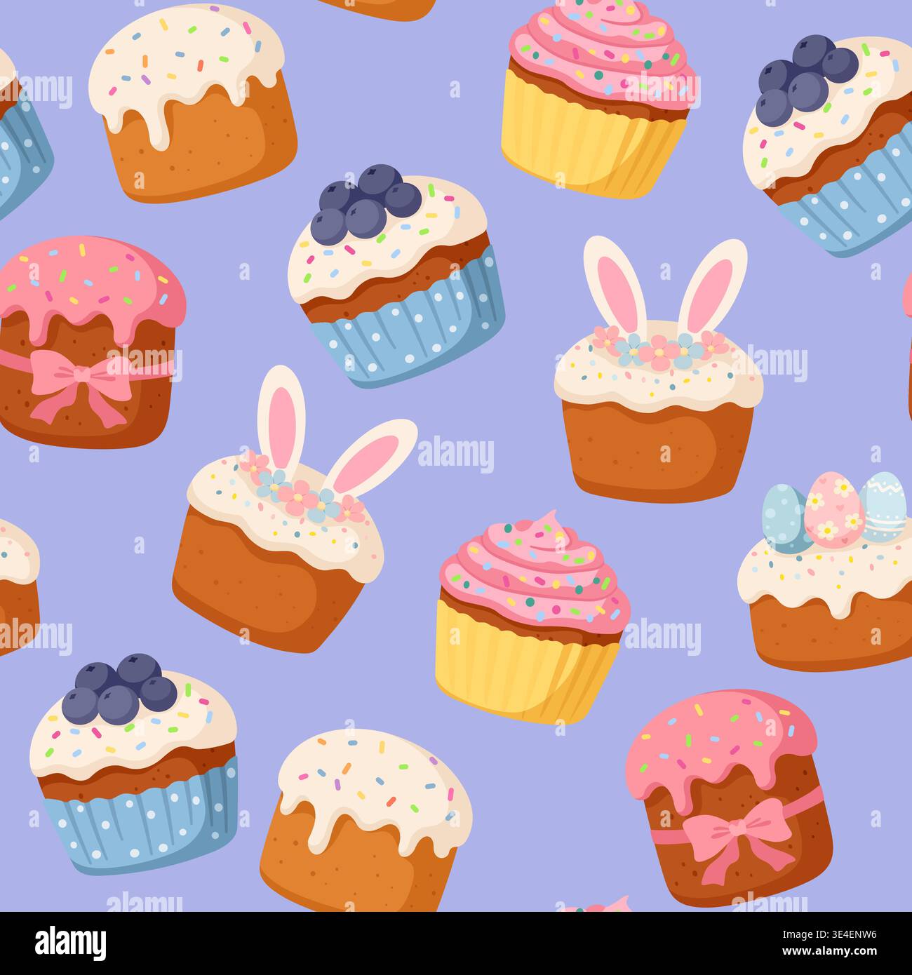 Dolci cupcake ai mirtilli e muffin rosa senza cuciture. Deliziosa pasticceria natalizia che si ripete sullo sfondo del lilla Illustrazione Vettoriale
