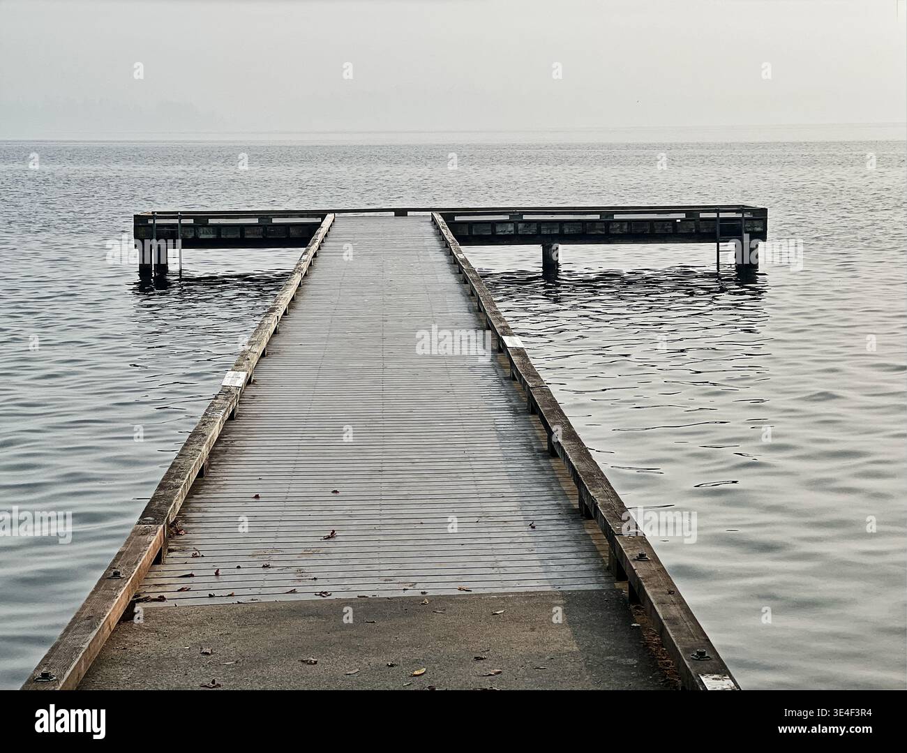 Il fumo degli incendi boschivi trasforma il cielo sul lago Washington in uno sfondo grigio piatto. Foto Stock