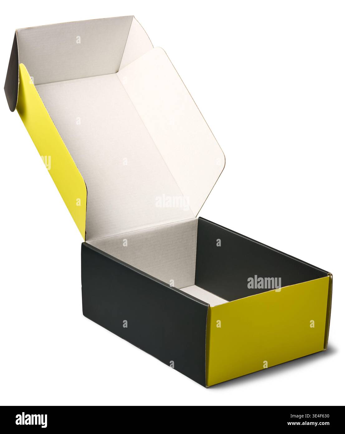 scatola di cartone vuota nera e gialla con sfondo bianco isolato, finitura in carta opaca liscia con interno bianco, modello mockup con spazio di copia Foto Stock