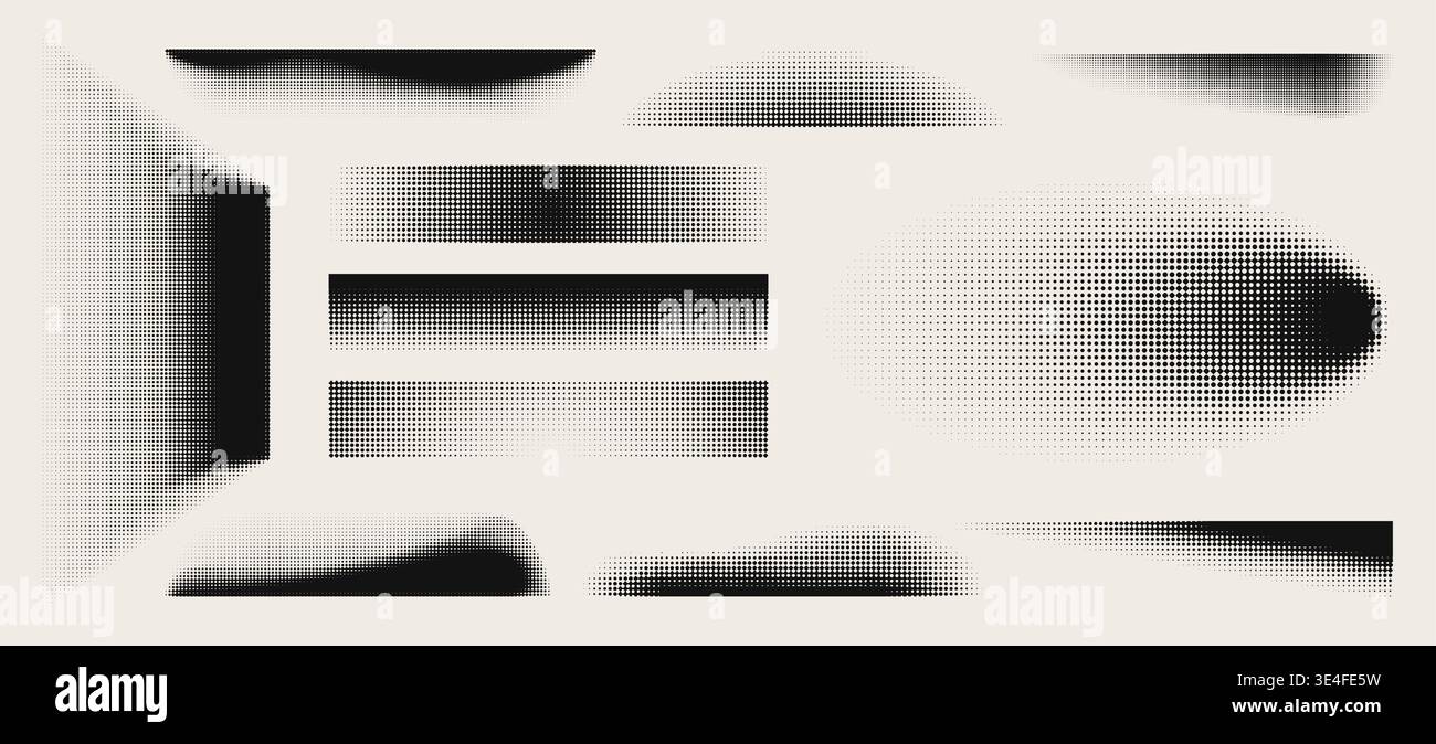 Forme di mezzitoni astratte impostate isolate sullo sfondo. Illustrazione vettoriale di cornici a punti sfumate con effetto ombra, texture sgranata, motivo nero sbiadito, elementi geometrici a puntini Illustrazione Vettoriale