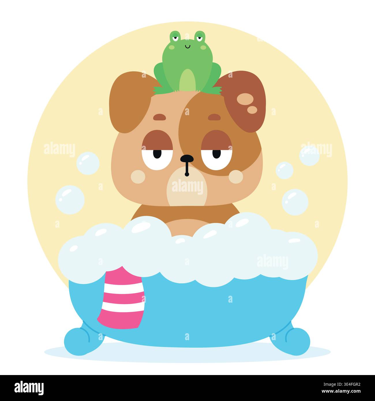 Divertente cane da cartone animato che fa un bagno di bolle con una rana sulla testa. Illustrazione vettoriale, sfondo isolato. Illustrazione Vettoriale