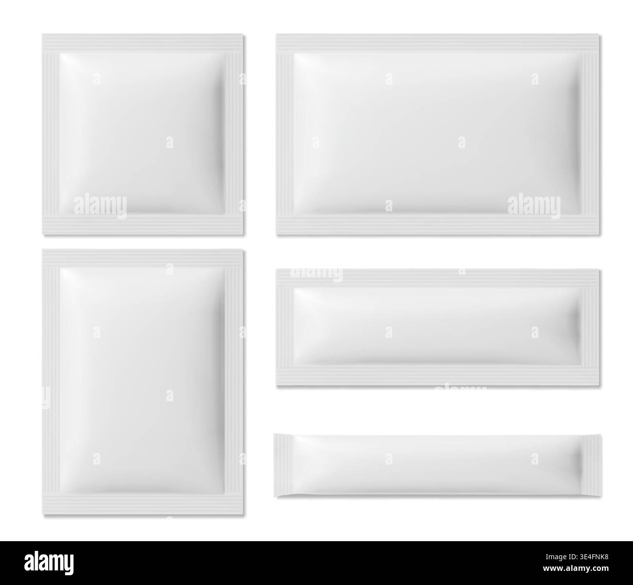 Mockup in bustina vuote impostati su sfondo bianco. Illustrazione vettoriale realistica di sacchetti di carta o plastica sigillati quadrati e rettangolari per maschere cosmetiche, salviette, zucchero, layout di confezioni 3d per il branding Illustrazione Vettoriale