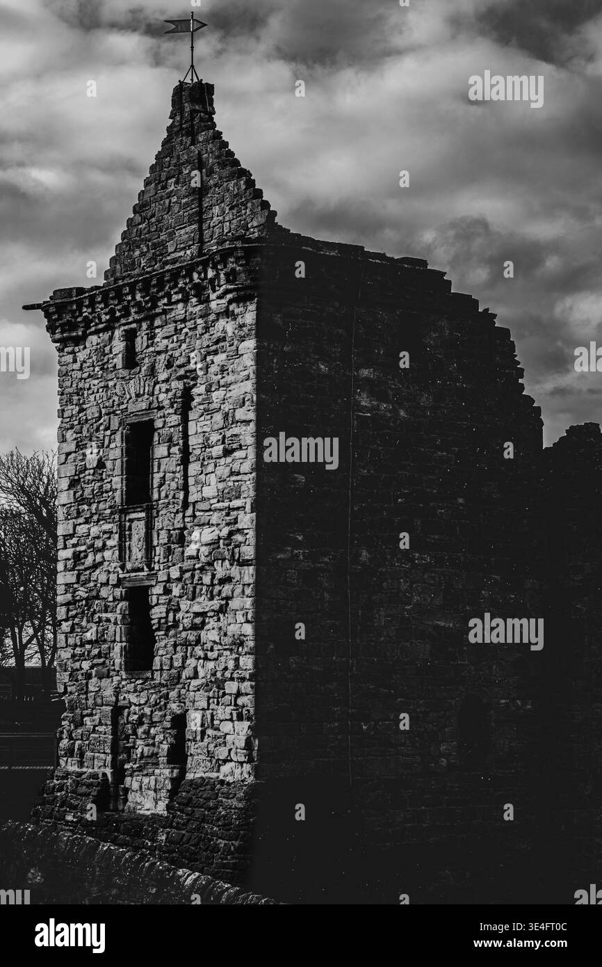 Il castello di St Andrews ha impresso le consistenze di pietra e le ombre aspre contro un cielo nuvoloso e lunare catturano l'inquietante storia della costa scozzese. Foto Stock