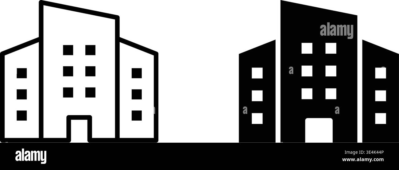 Icone grafiche minimaliste caratterizzate da una struttura stilizzata di uffici commerciali con un contorno semplice e una versione piena. Illustrazione Vettoriale