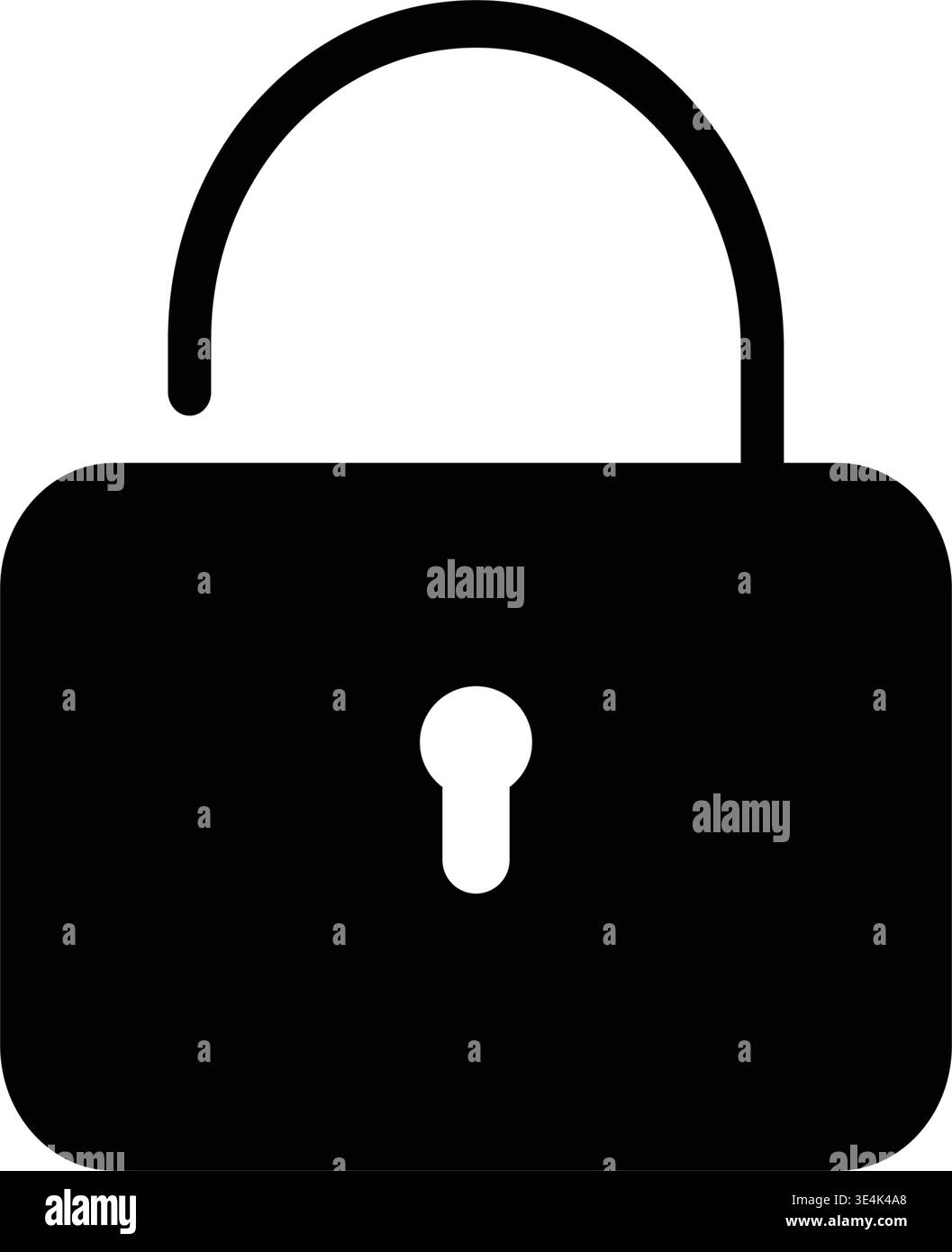 Simbolo grafico nero minimalista che rappresenta un lucchetto sbloccato con un arco arrotondato e un piccolo foro per la serratura al centro. Illustrazione Vettoriale