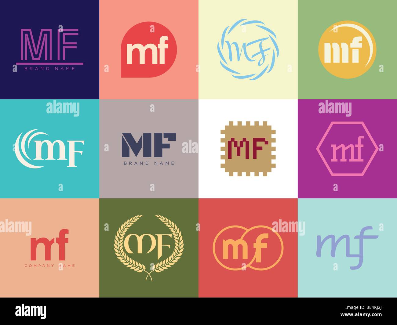 Modello aziendale del logo MF. Logotipo lettera m e F. Imposta diverse lettere serif classiche e testo moderno in grassetto con elementi di design. Tipog font iniziale Illustrazione Vettoriale