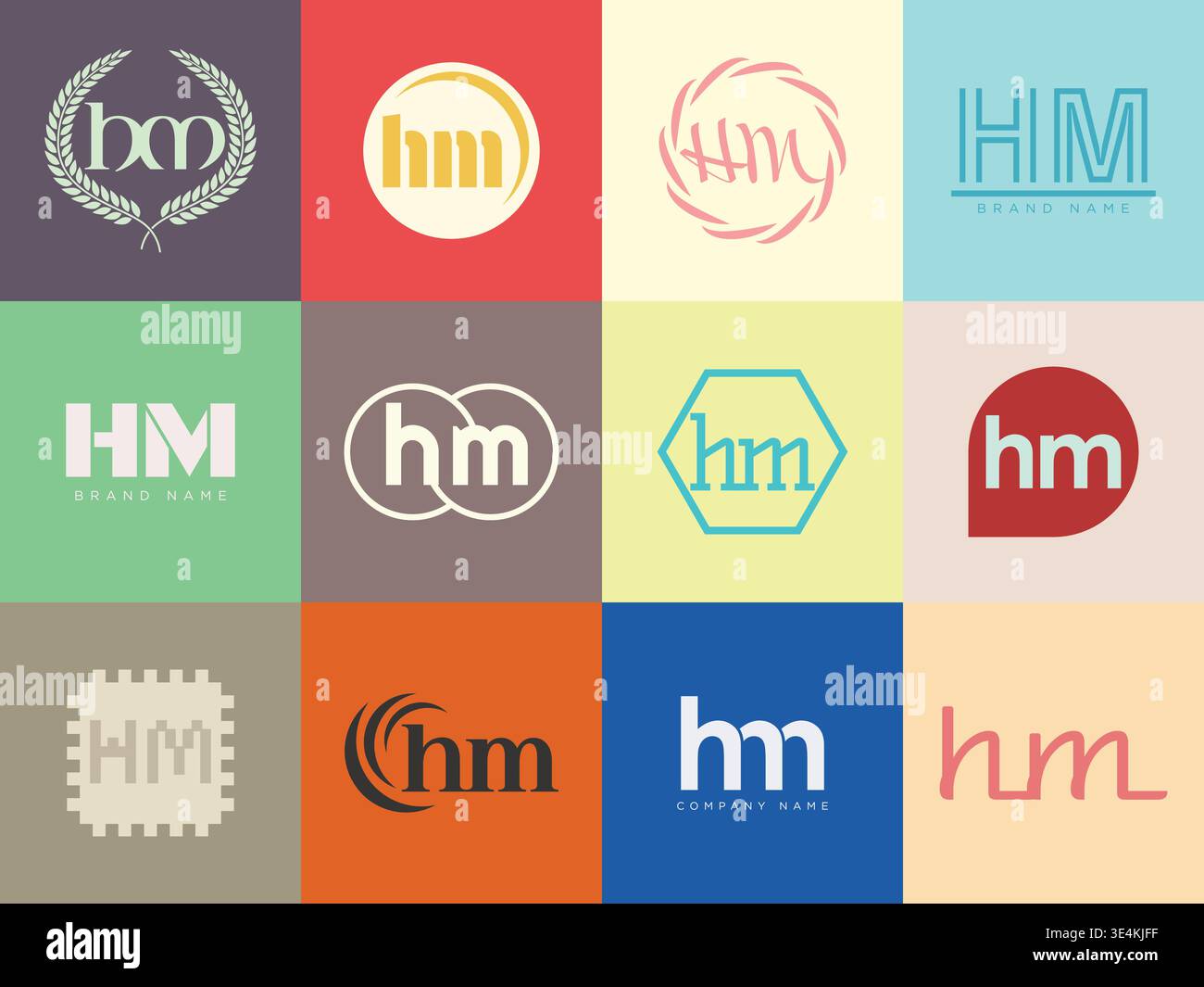 Modello aziendale del logo HM. Logotipo lettera h e m. Imposta diverse lettere serif classiche e testo moderno in grassetto con elementi di design. Tipog font iniziale Illustrazione Vettoriale