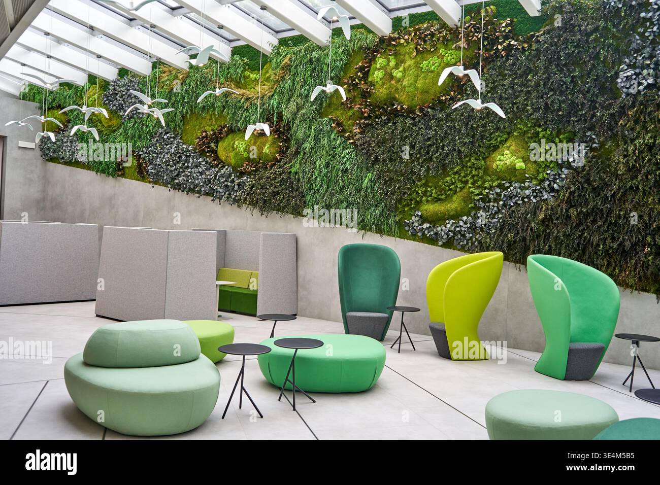 Un moderno interno di ufficio caratterizzato da un grande muro biofilo coperto da muschi, felci e piante che si estende sulla parete posteriore sotto un vetro Foto Stock