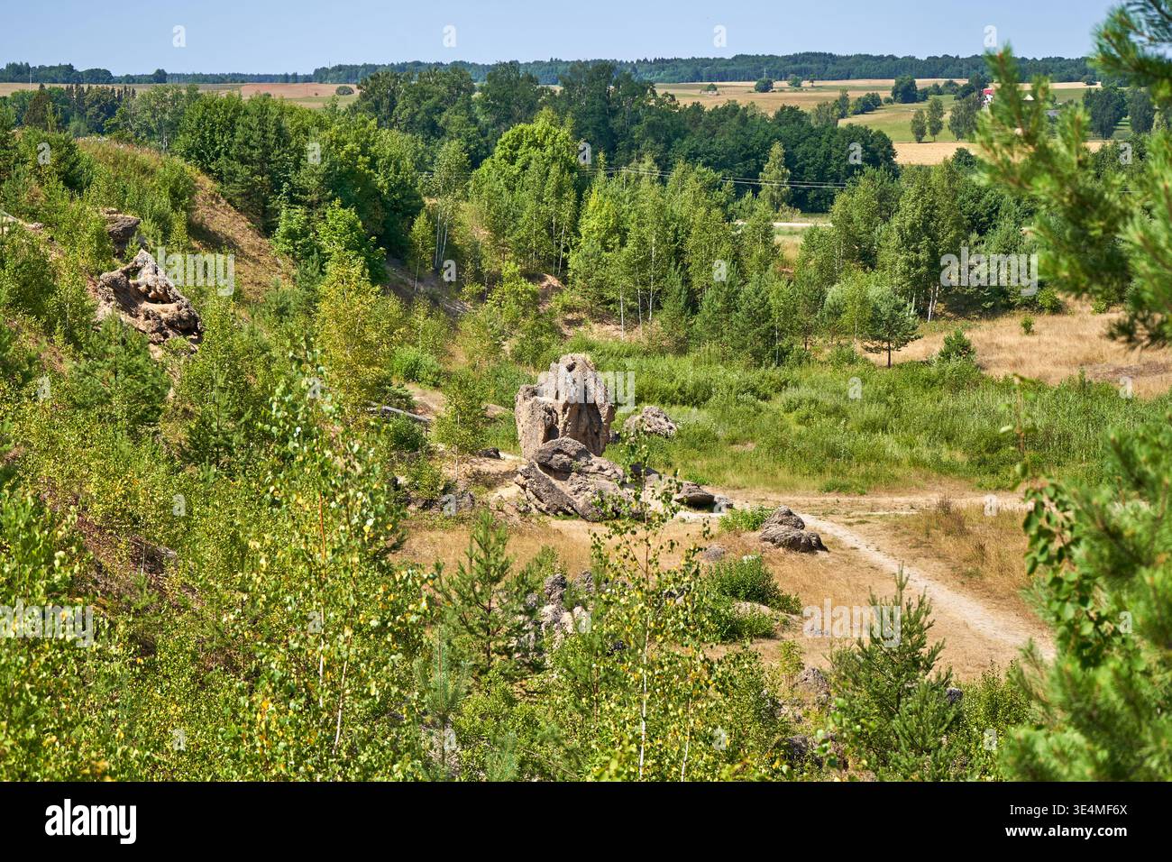 Una vista panoramica del paesaggio estivo della campagna rurale lituana caratterizzata da un terreno roccioso con grandi massi di granito e affioramenti circondati da lussureggianti Foto Stock