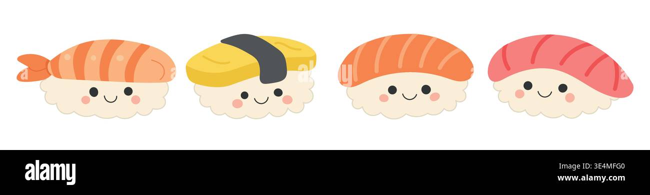 Cartone animato vettoriale del cibo per l'icona del sushi e il ristorante di design giapponese. Pesce di riso giapponese per cibo carino isolato e menu di pesce sano. Cibo Illustrazione Vettoriale