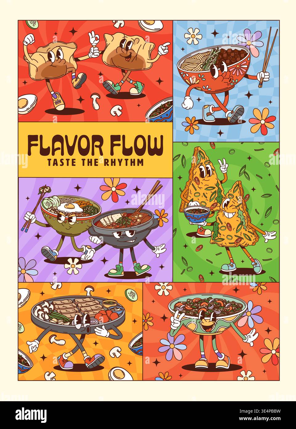 Simpatica cucina coreana poster dei personaggi con cartoni animati piatti asiatici come gnocchi, ciotole di ramen, samosa, hot pot e spaghetti che ballano con allegre espressioni su sfondi vivaci Illustrazione Vettoriale