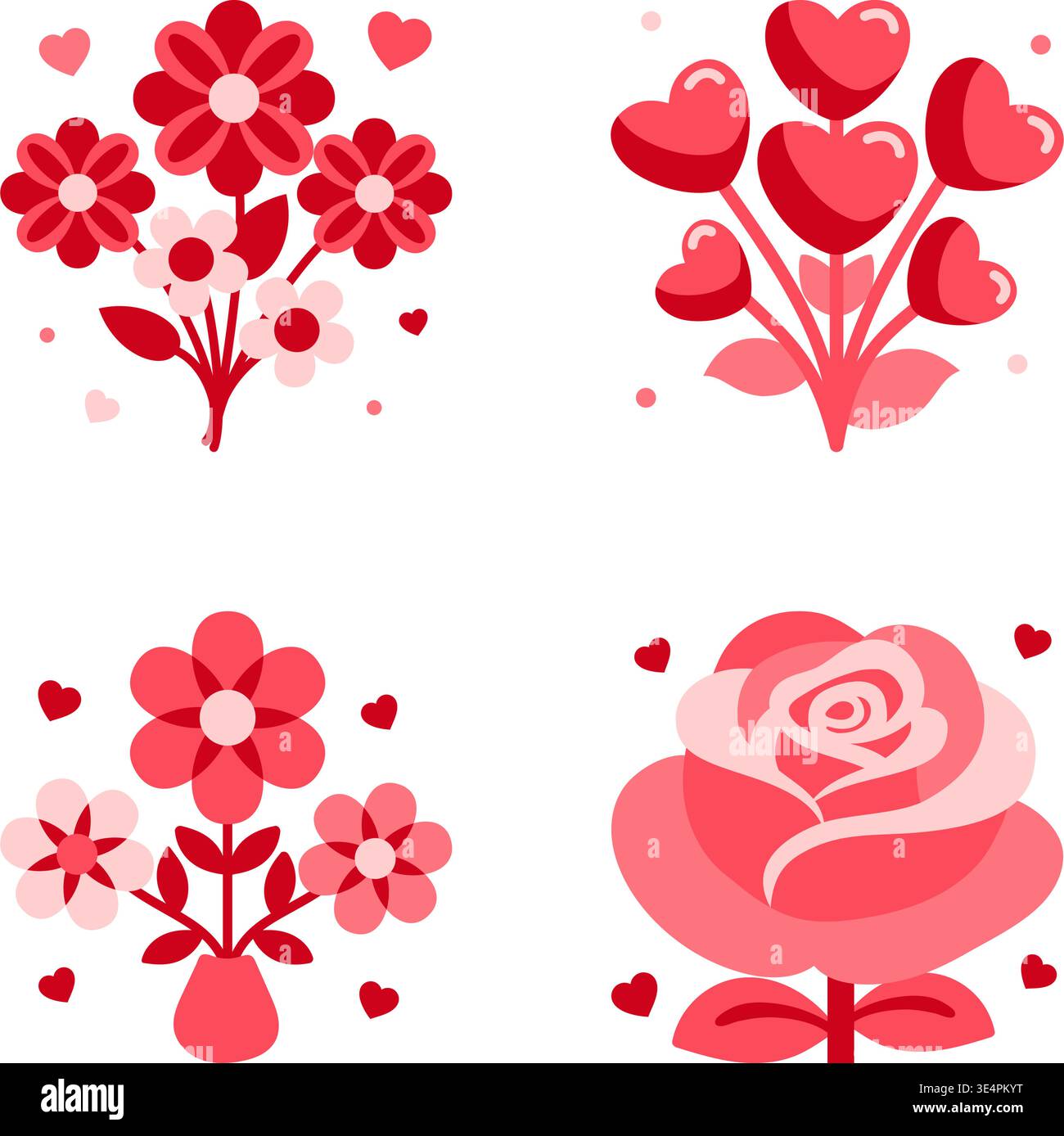 Simboli romantici con disegni floreali, set di icone romantiche con vivaci sfumature rosa Illustrazione Vettoriale