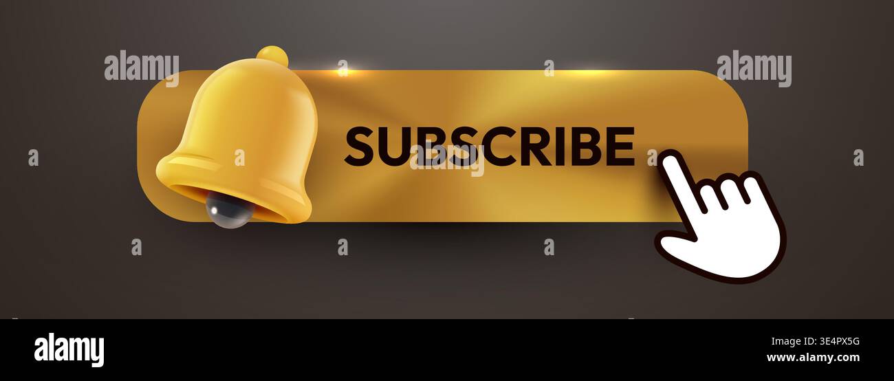 Pulsante di iscrizione Golden con campanello di notifica e clic con il cursore. Ideale per social media, piattaforme digitali e contenuti online. Illustrazione vettoriale Illustrazione Vettoriale