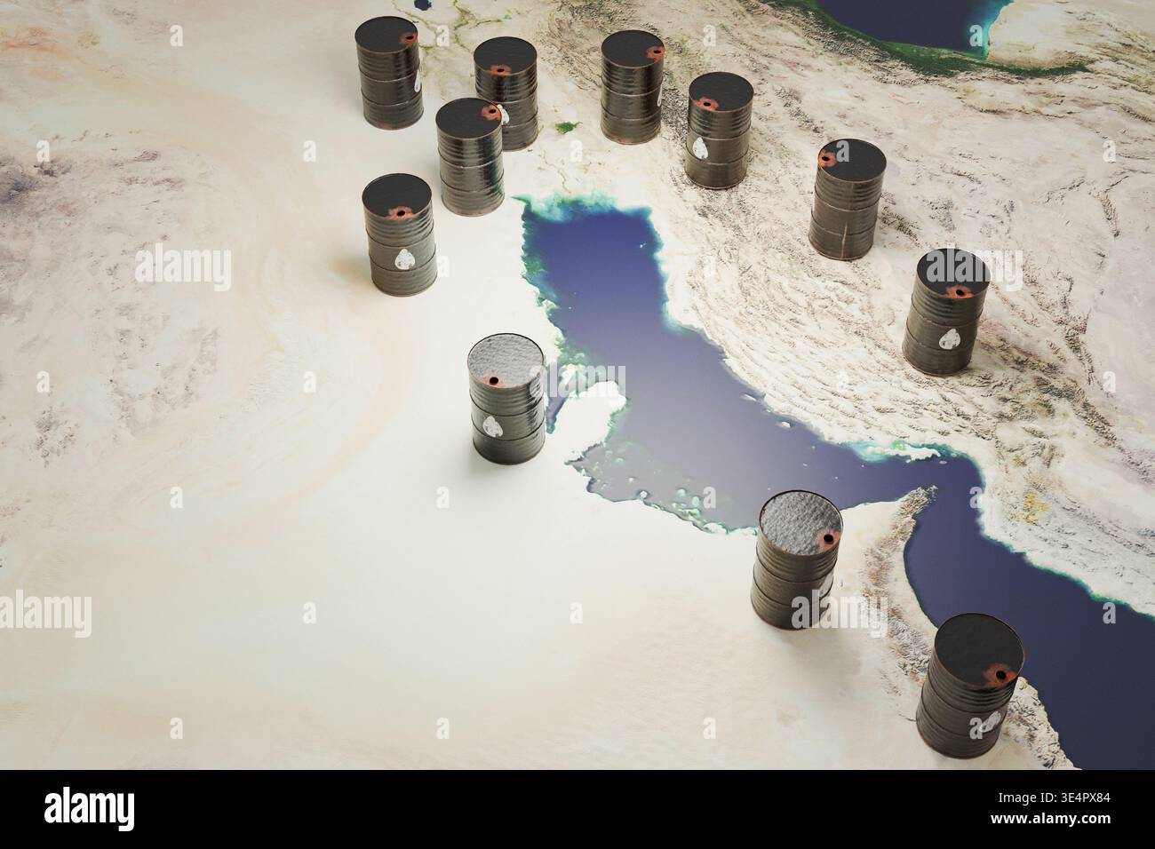Concetto di fornitura globale di combustibile che mostra barili di petrolio su una mappa di Iran, Iraq e Arabia Saudita. Ideale per articoli di notizie sui prezzi del gas, OPEC Polic Foto Stock