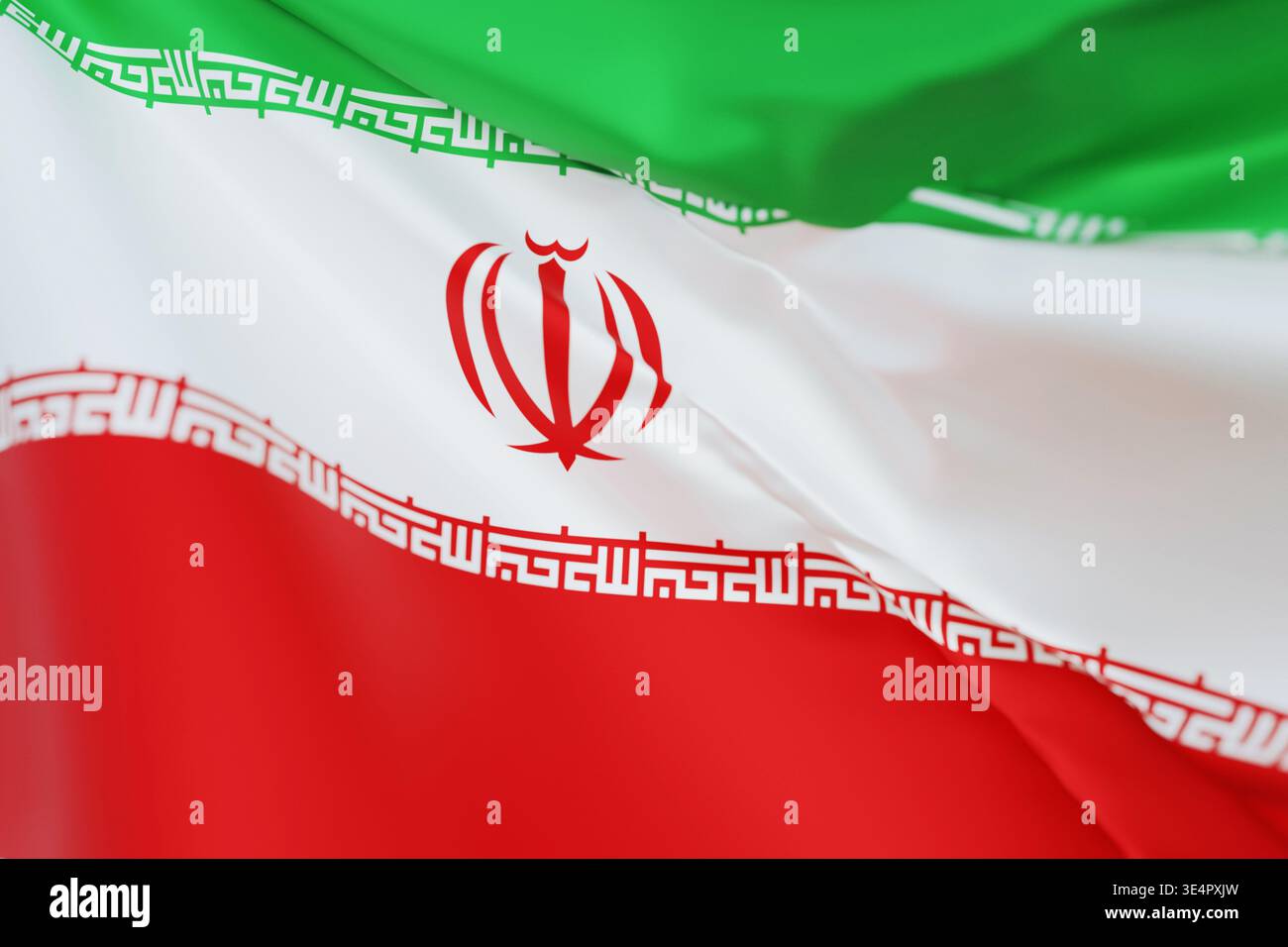 Sventolando la bandiera nazionale dell'Iran con strisce orizzontali verdi, bianche e rosse. Presenta l'emblema rosso centrale e la calligrafia con caratteri cufici. Alta qualità Foto Stock