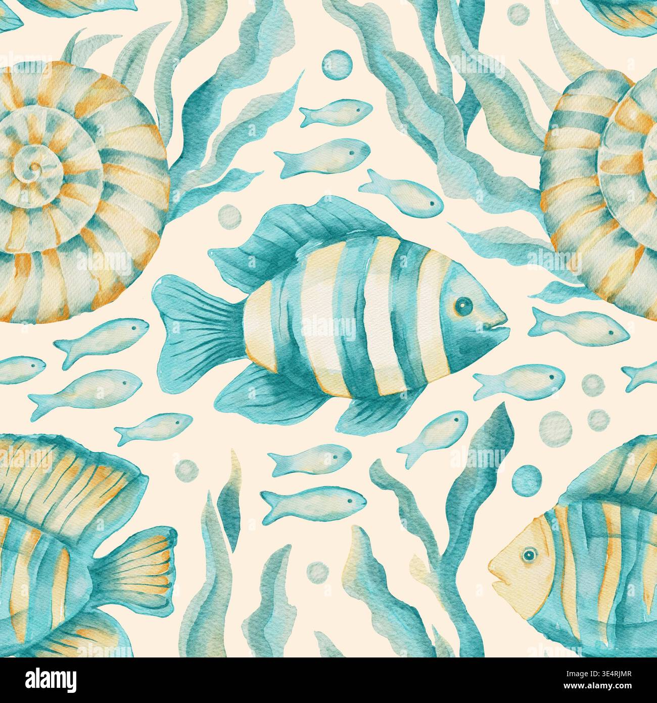 Acquerello Mare Oceano Tropical Fish Seashell Nautilus Coral Seamless Pattern Marine Summer Marine background Foto Stock