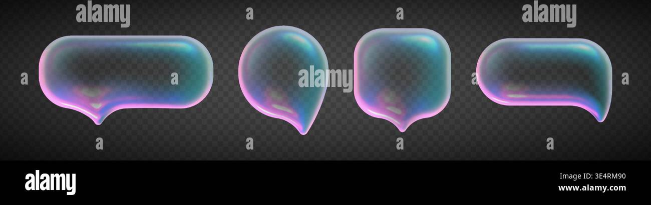 Bolle in vetro trasparente con bagliore al neon olografico, vettore realistico isolato su trasparente. Icona 3D lucida per messaggi, dialoghi o chat con sfumatura blu rosa e texture cromata Illustrazione Vettoriale