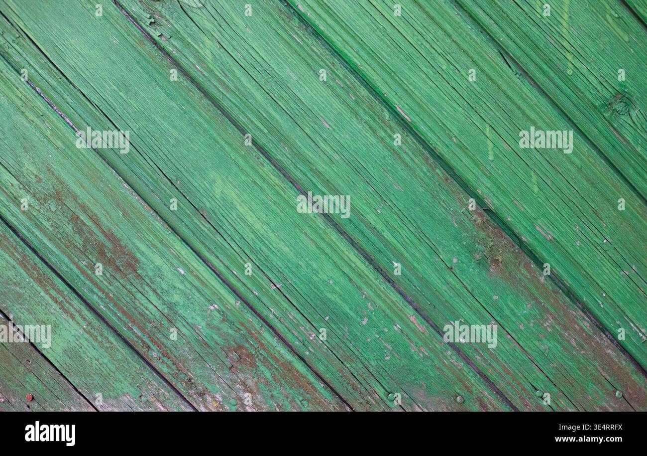 Decorazione della parete di recinzione in legno verde, rivestimento con texture resistente agli agenti atmosferici. Sfondo dettagliato con tavole di legno invecchiate con vernice sbucciante e legno organico gra Foto Stock