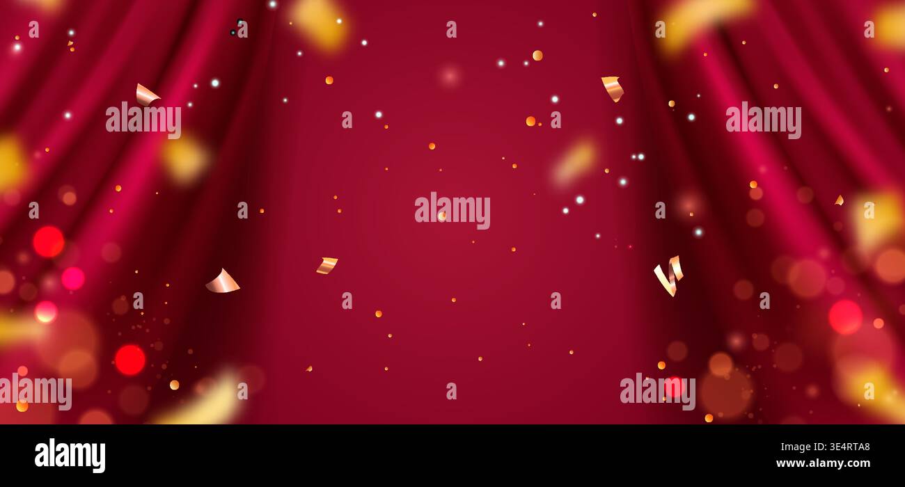Tenda aperta in velluto rosso con coriandoli dorati, sfondo vettoriale realistico. Sfondo per spettacoli teatrali, anteprime cinematografiche, cerimonie di premiazione con tinsel d'oro Illustrazione Vettoriale