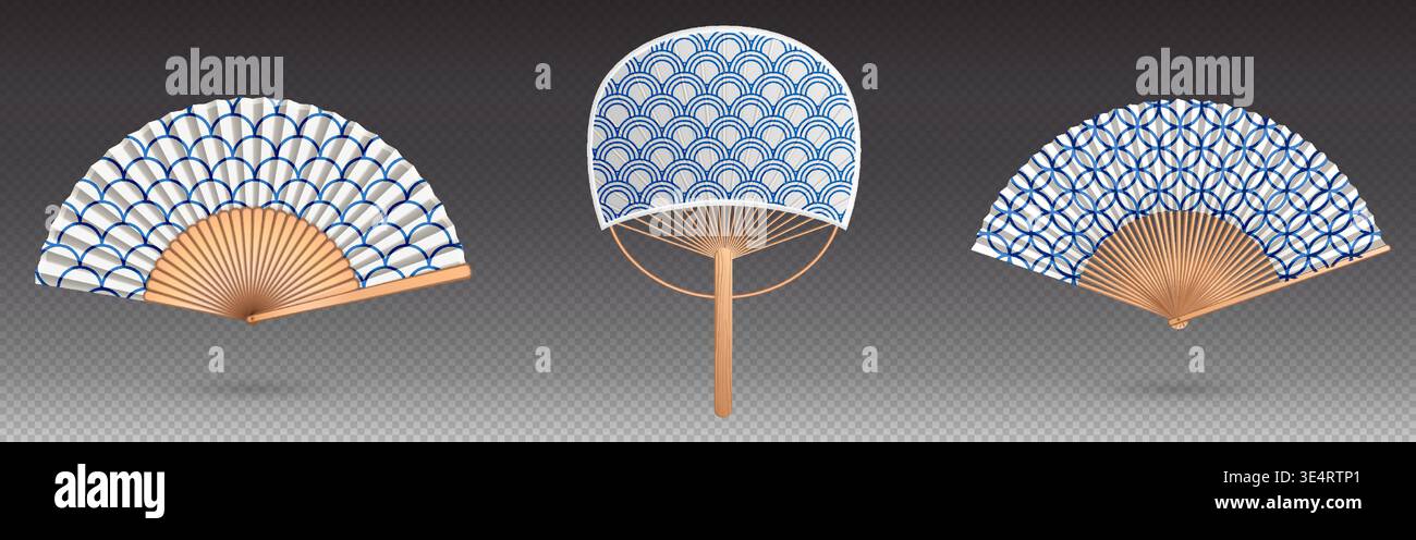 Ventola giapponese con tradizionale design ornato della carta, realistiche illustrazioni vettoriali isolate su trasparente. Accessorio portatile asiatico con manico in bamboo in legno e motivi decorativi orientali seigaiha Illustrazione Vettoriale