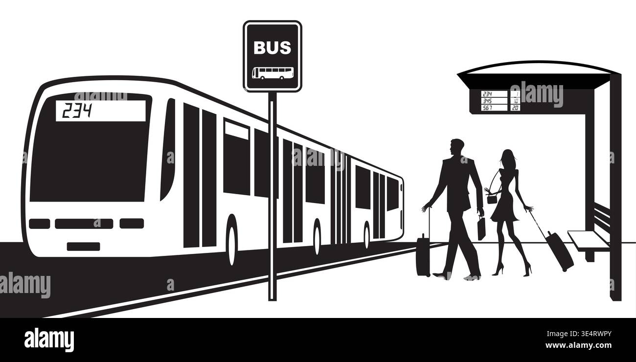 I passeggeri salgono sull'autobus dalla stazione - illustrazione vettoriale Illustrazione Vettoriale