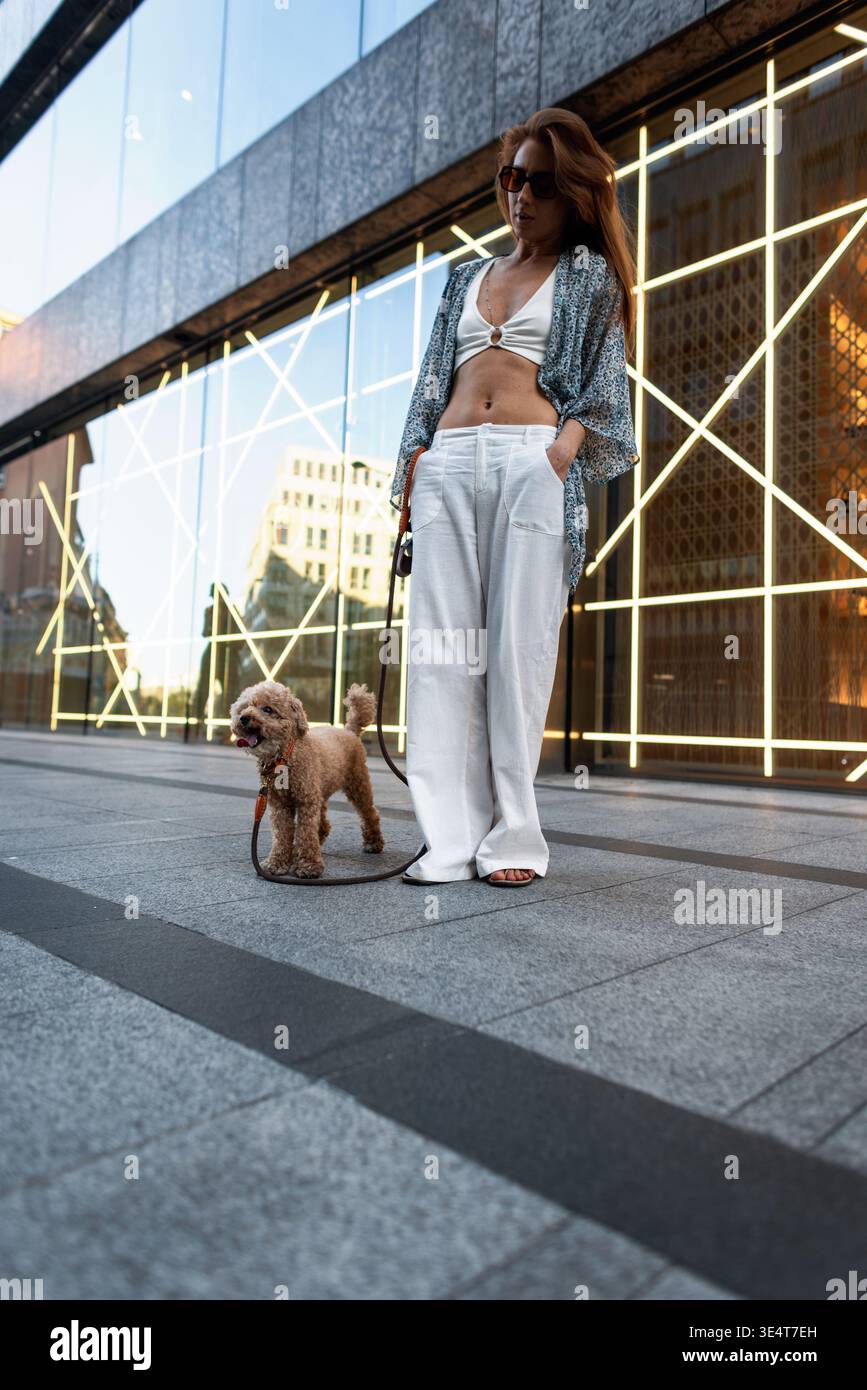 Giovane donna elegante che cammina il suo piccolo cane da barboncino in città. Moderno sfondo urbano con riflessi in vetro. Outfit alla moda, sicuro di sé Foto Stock