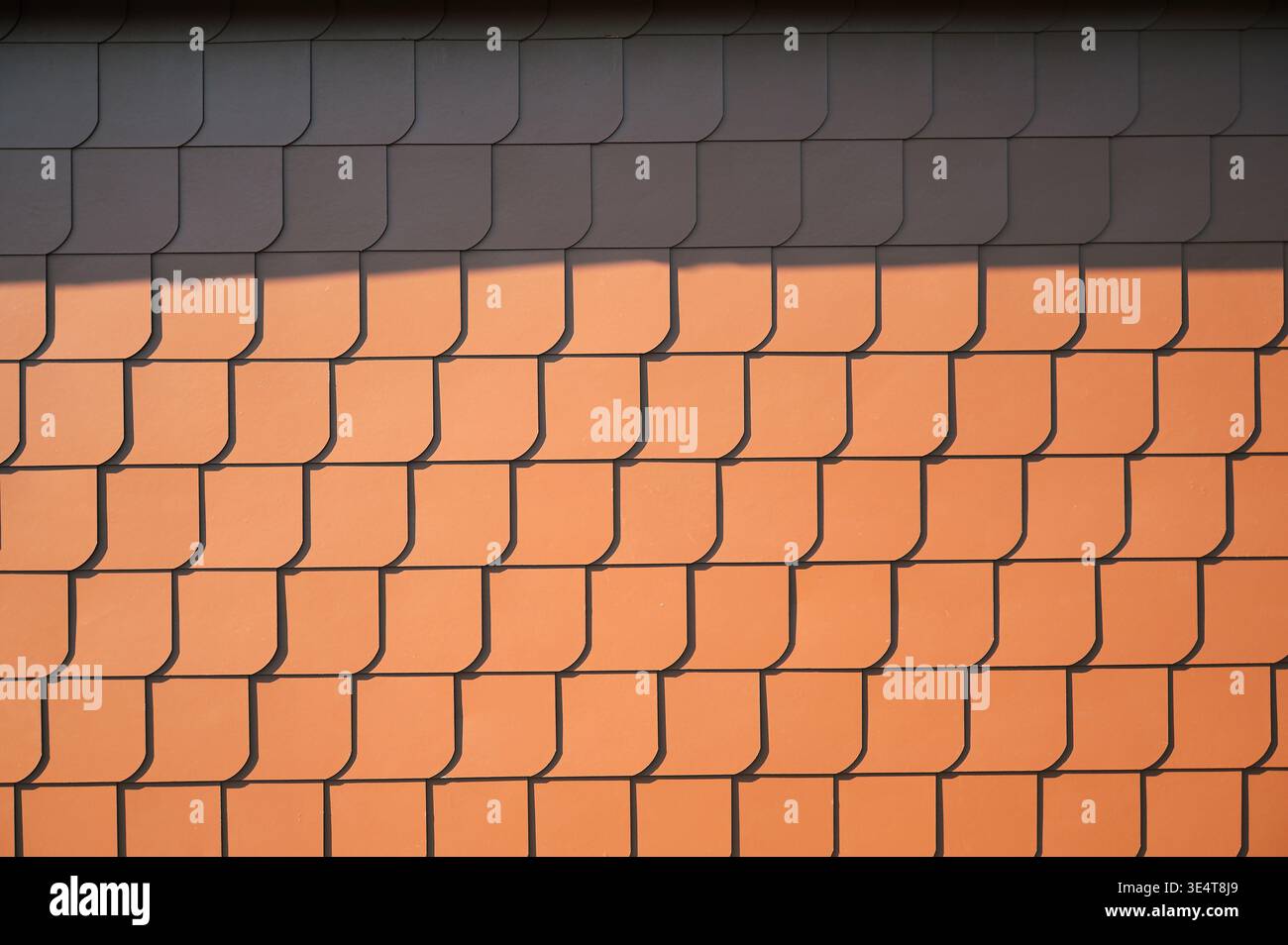 Vista ravvicinata delle tegole di terracotta sovrapposte con spettacolari motivi d'ombra Foto Stock