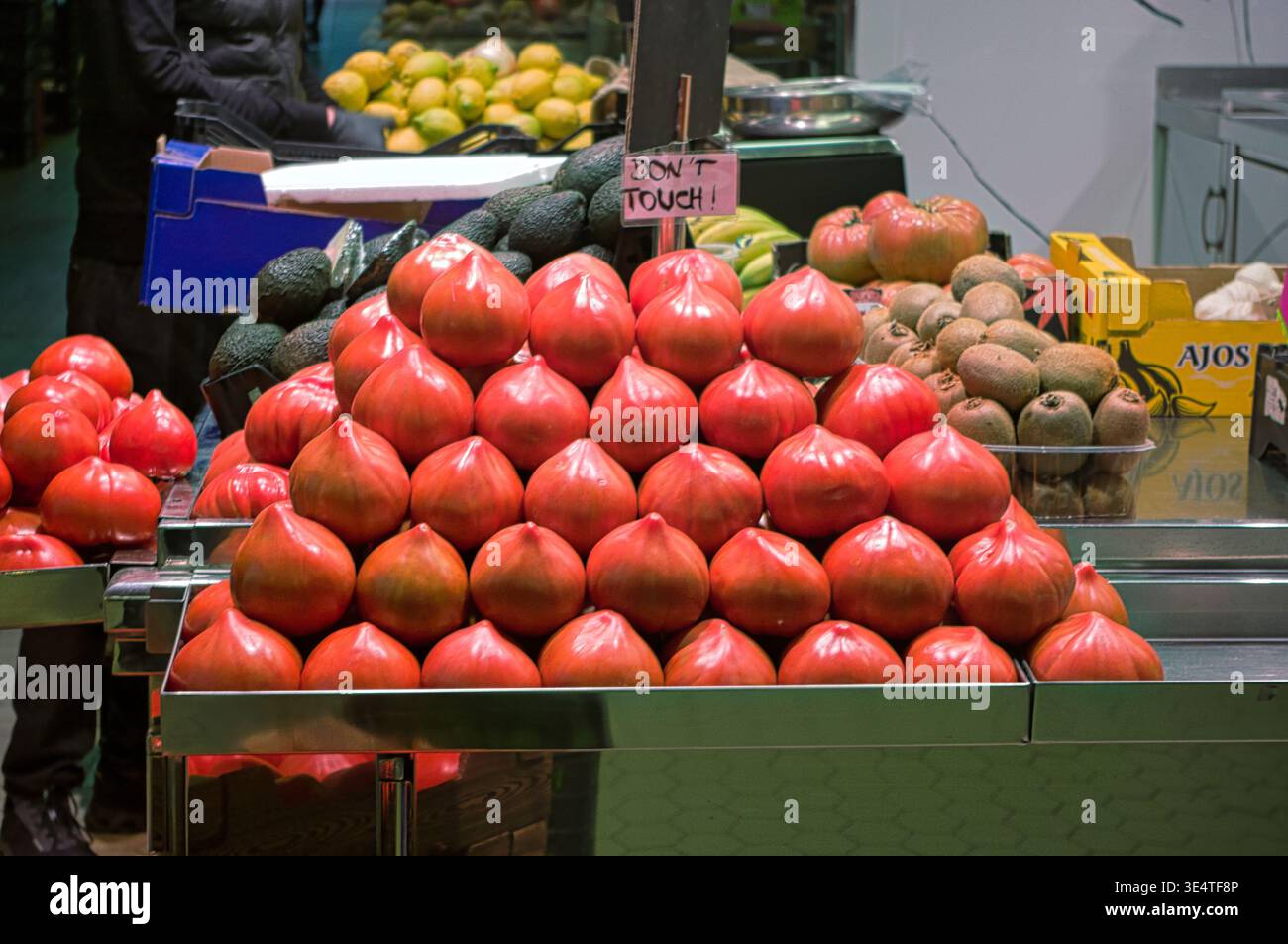 Pomodori appena raccolti da un giardino di Valencia, Spagna. Per la vendita sul mercato centrale. Foto Stock