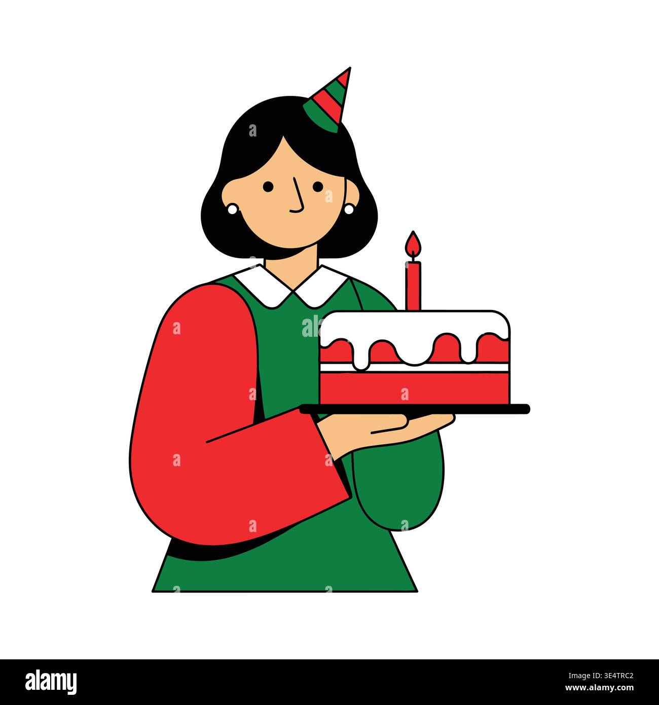 Una donna dei cartoni animati che tiene una torta con una candela Illustrazione Vettoriale