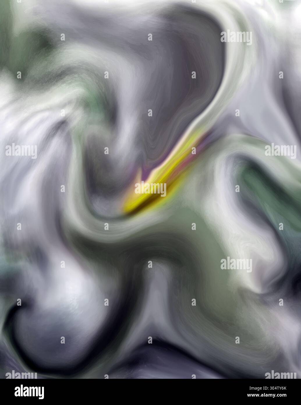 Composizione astratta di vortici fluidi e morbide texture fumose in sfumature di grigio con un punto focale giallo brillante. Foto Stock