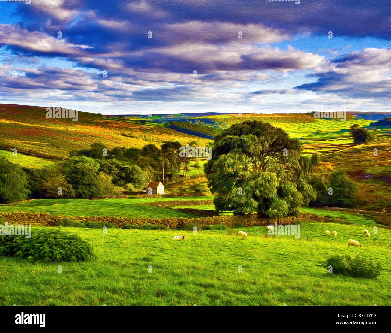 Una vista panoramica estiva, nello stile di un dipinto, della fertile campagna delle North Yorkshire Moors, Foto Stock