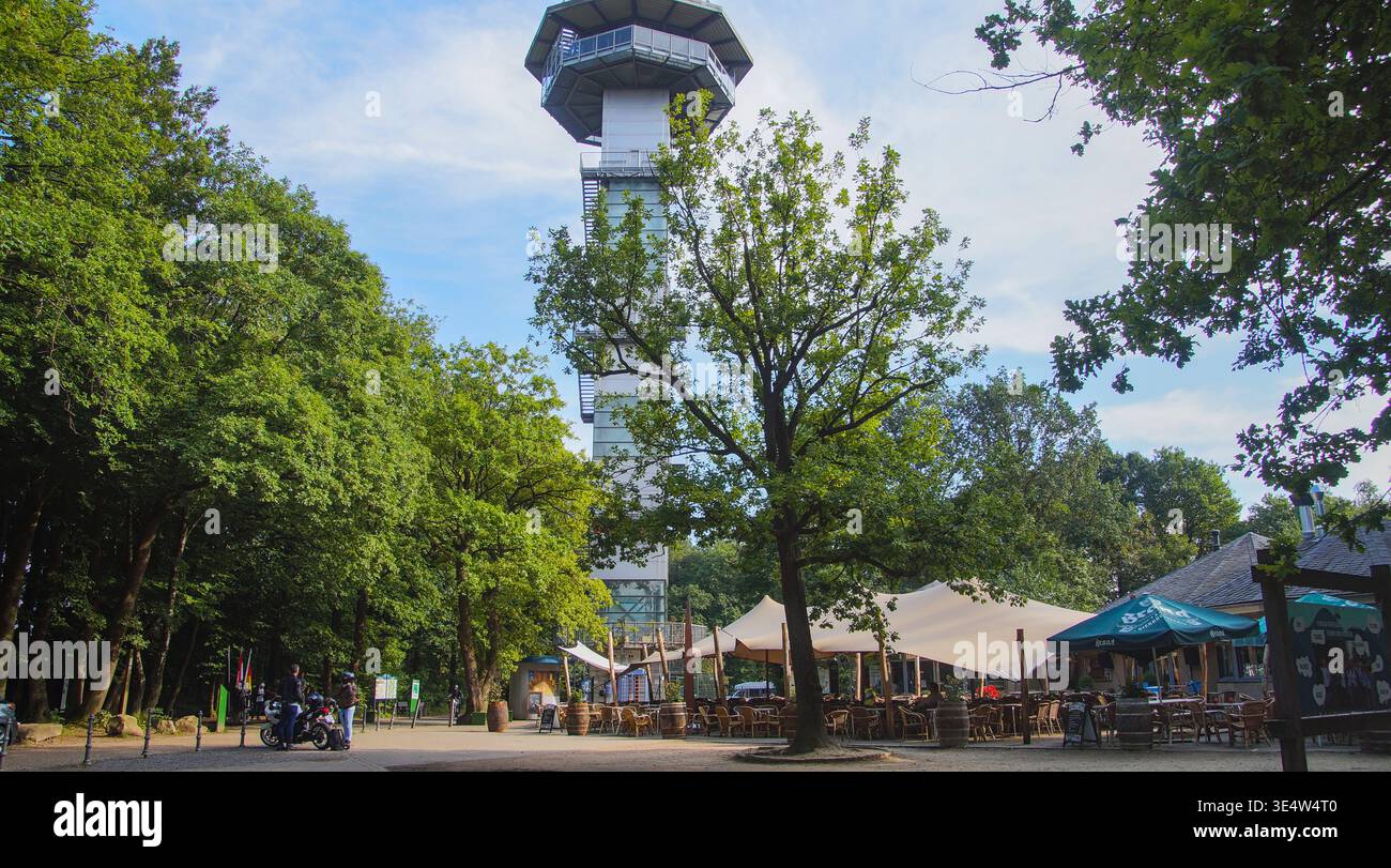 Una torre di osservazione che si affaccia su una birreria all'aperto con alberi e un'area ricreativa, creando un ambiente rilassante all'aperto. Foto Stock