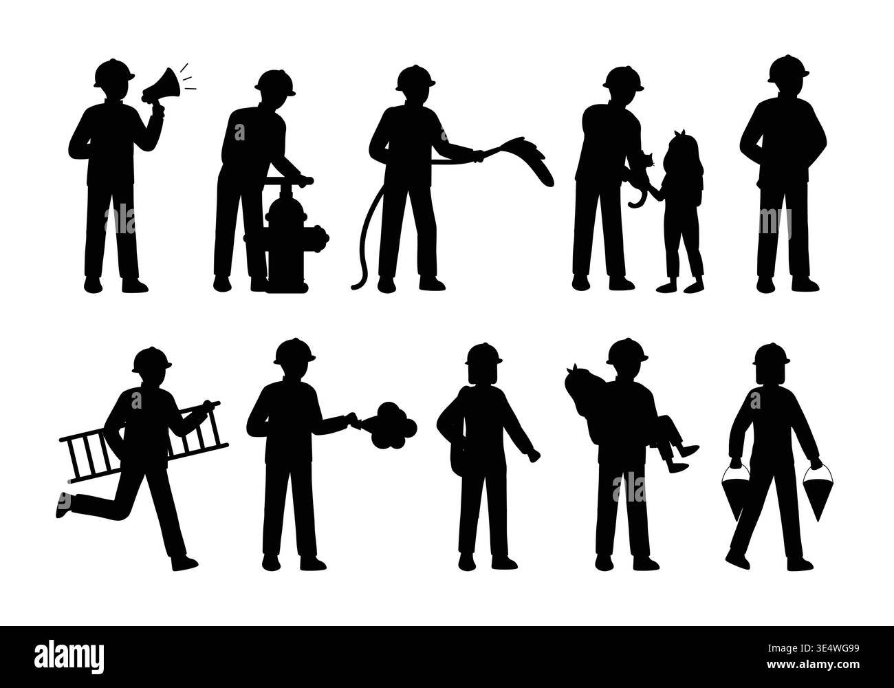 Set di silhouette da vigile del fuoco in bianco e nero in varie situazioni e pose. Vigili del fuoco al lavoro. Illustrazione vettoriale. Illustrazione Vettoriale