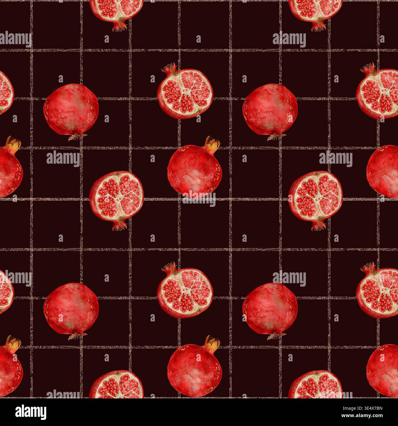 Melograno rosso succoso intero e mezzo su uno sfondo di graziose linee geometriche dorate su sfondo bianco, acquerello dipinto a mano con motivo botanico senza cuciture Foto Stock