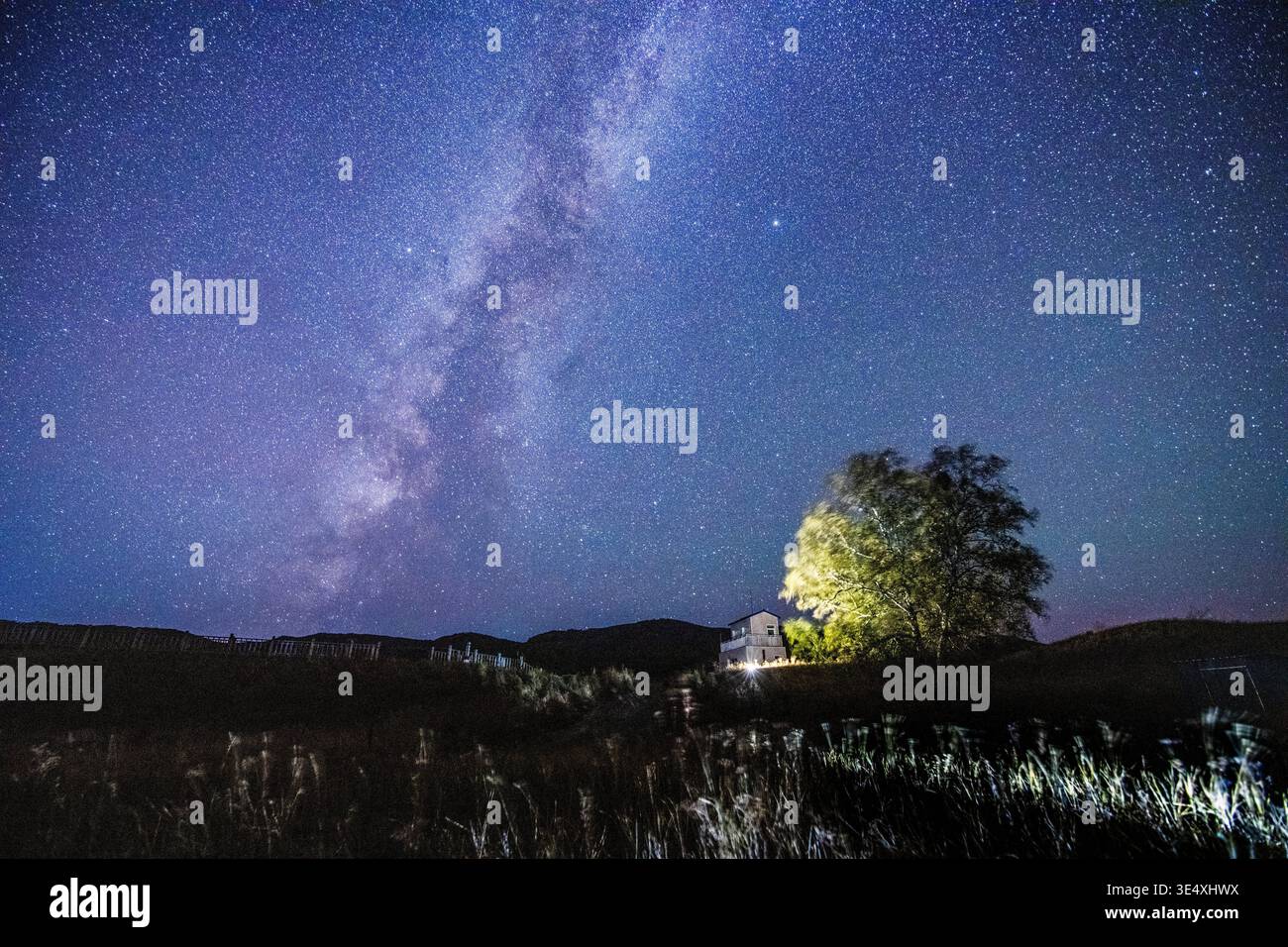 Via Lattea sulla prateria di Ulan Butong, Cina. Il denso campo stellare e il nucleo galattico si estendono attraverso il cielo, illuminando il paesaggio. Foto Stock
