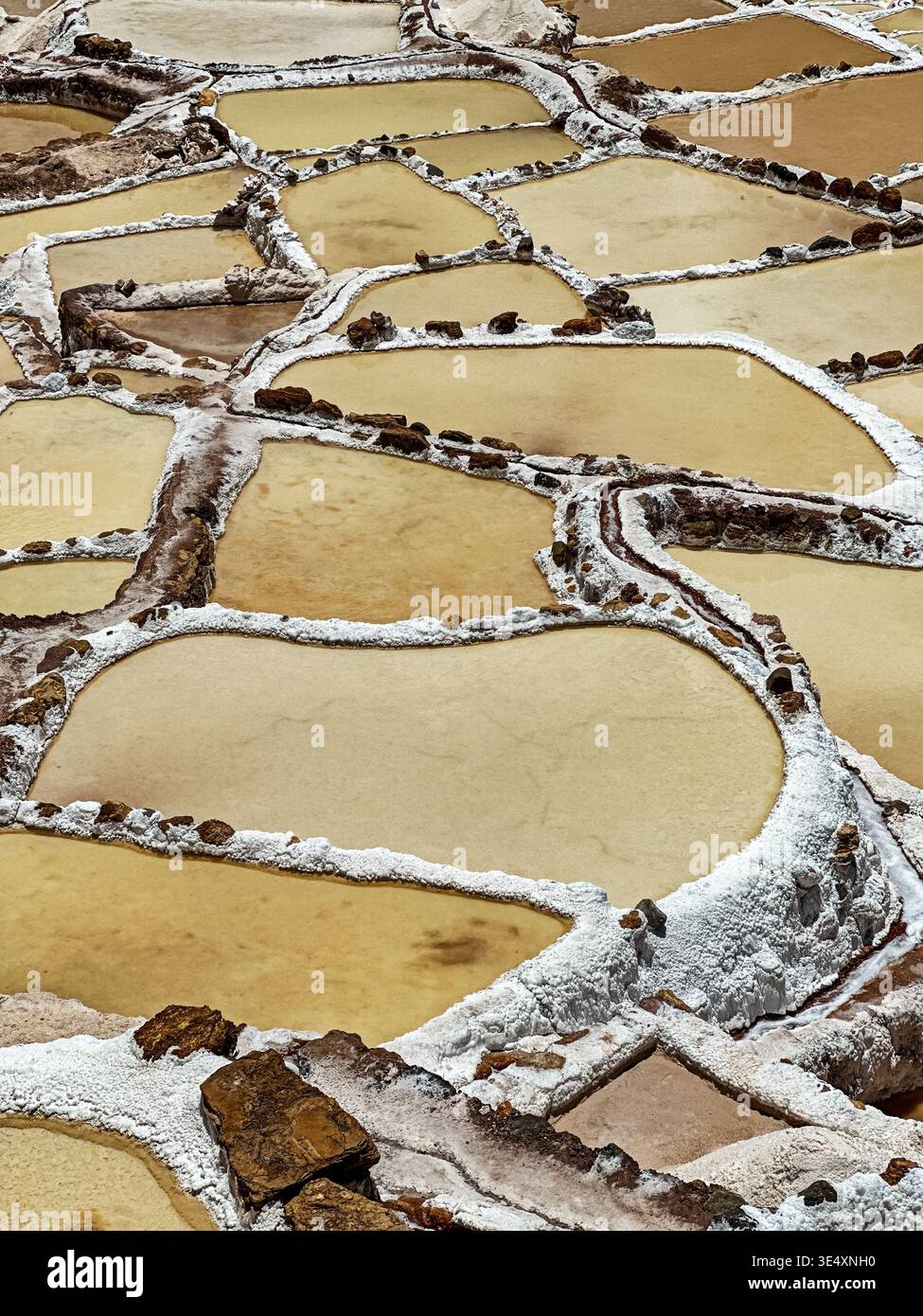 Gli stagni salati di evaporazione delle Salineras de Maras vicino a Cusco si basano su un metodo tradizionale di produzione del sale proveniente da una sorgente minerale delle Ande Foto Stock