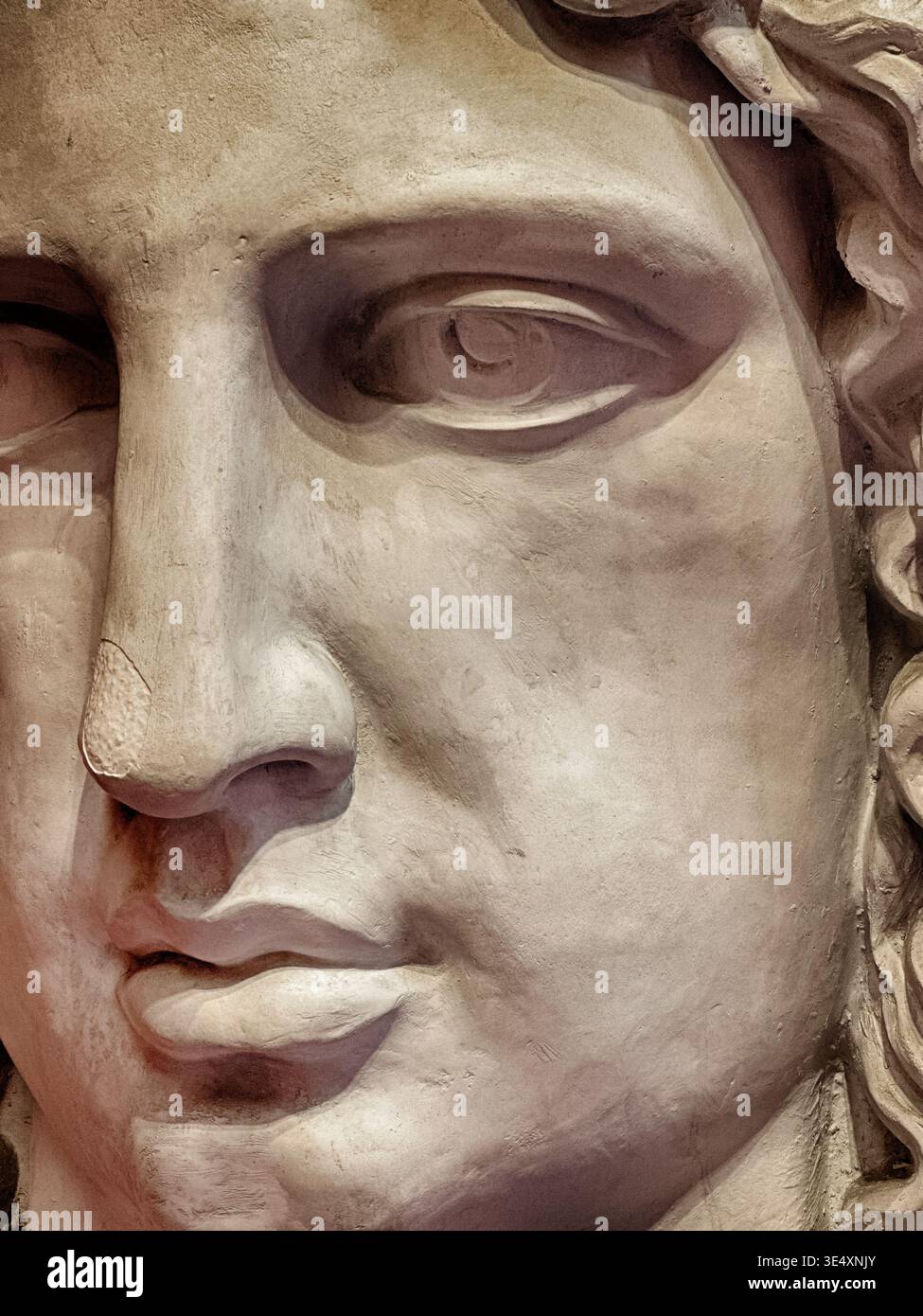 I dettagli di una statua non descritta evidenziano le ombre negli occhi e un naso forte. Foto Stock