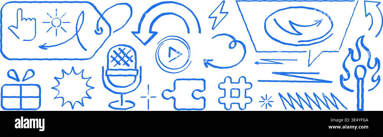 Un set versatile di icone grafiche vettoriali disegnate a mano. Con elementi grunge texture doodle per podcasting, streaming e contenuti digitali. Ideale Illustrazione Vettoriale