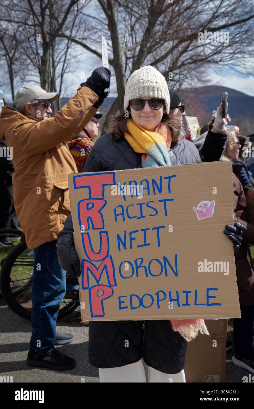 Una scena del No Kings Day Rally del 2026 a Beacon, New York. Un cartello con il nome di Trumps usato come acronimo per tiranno, razzista, inadatto, idiota, pedofilo. Foto Stock