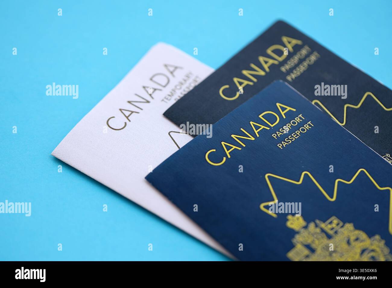 Passaporti canadesi sul tavolo da vicino. Libri di documenti di identificazione ufficiali per i cittadini del Canada. Concetto di viaggio e turismo Foto Stock