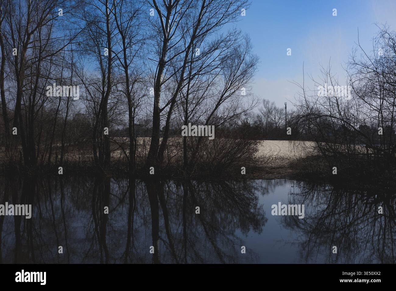Suggestivo paesaggio fluviale con un cielo ammoso, scenografico sfondo naturale Foto Stock