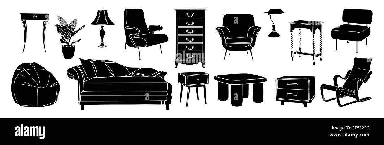 Silhouette di mobili retrò in stile monocromatico Illustrazione Vettoriale