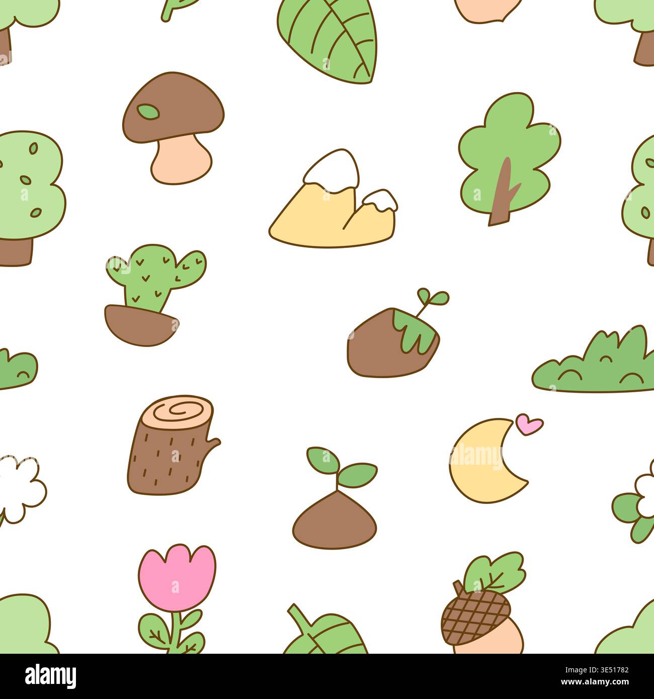 Elementi kawaii naturali. Albero, funghi, fiori, luna con cuore. Grazioso motivo decorativo senza cuciture. Divertente stampa per carta da parati, tessuto, involucro Illustrazione Vettoriale