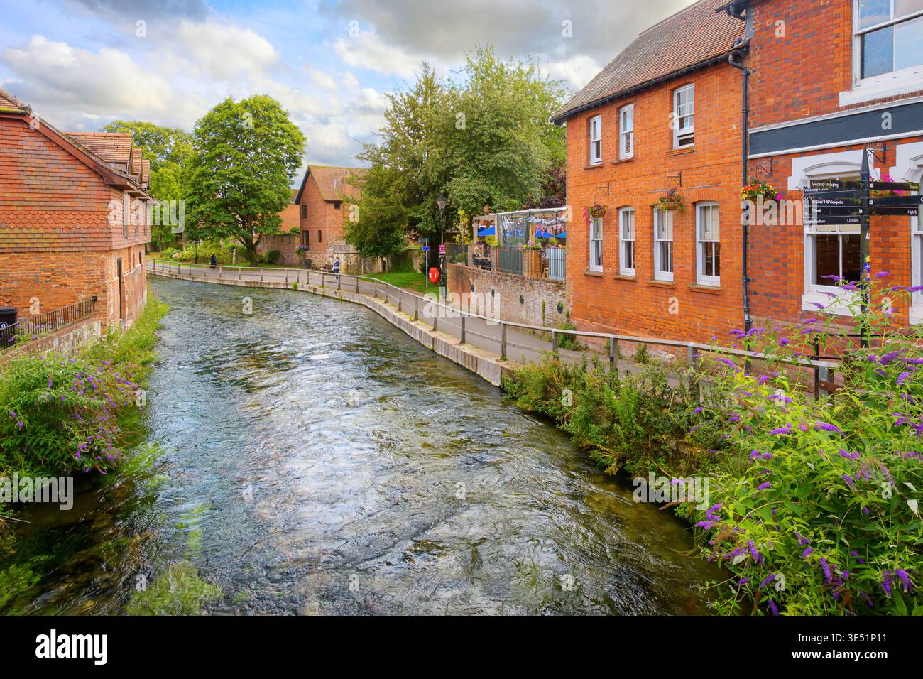 Un percorso panoramico lungo il fiume Itchen che attraversa i Weirs, una pittoresca passeggiata attraverso il centro di Winchester, in Inghilterra. Foto Stock