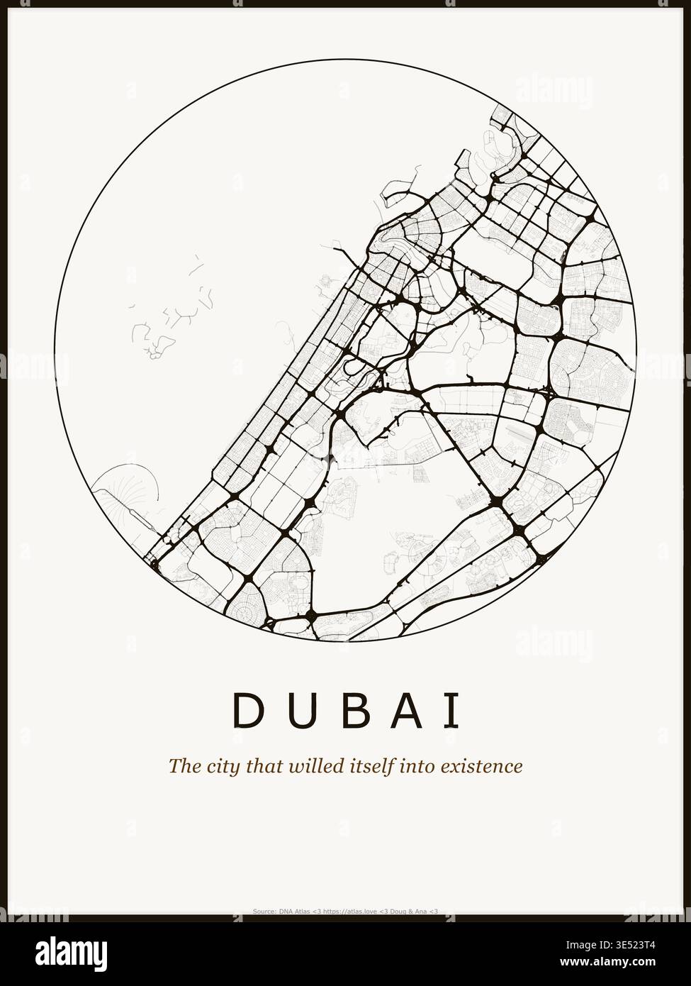 Design del poster della mappa della città di Dubai. Mappa stradale di Dubai Emirati Arabi Uniti. Rete stradale minimalista in bianco e nero con quartiere del centro come muro Illustrazione Vettoriale
