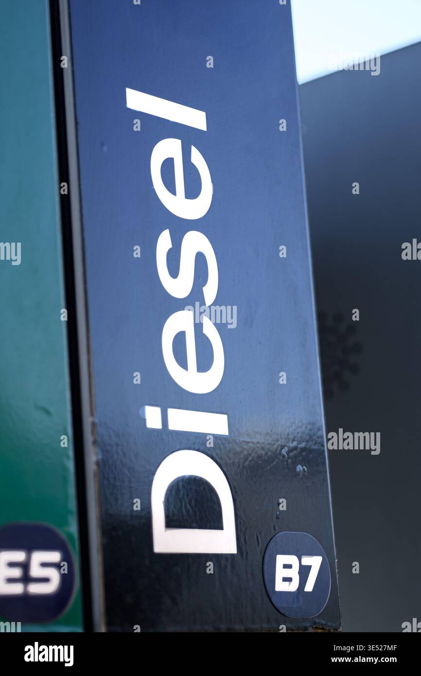 Primo piano dell'etichetta del diesel sulla pompa della stazione di servizio. Concetto di tipi di carburante e industria energetica. Foto Stock